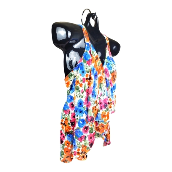 POETRY Flowy Spring Floral  Print Hi-Lo Racerback Front Ruffle Top - Picture 2 of 11
